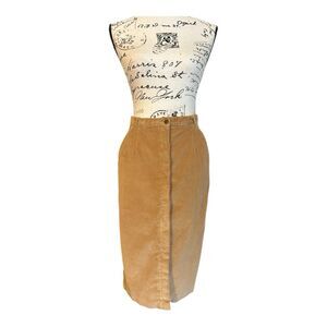 VTG 70s Camel Colored Corduroy Ribbed Pencil Skirt With Pockets Full Button Up